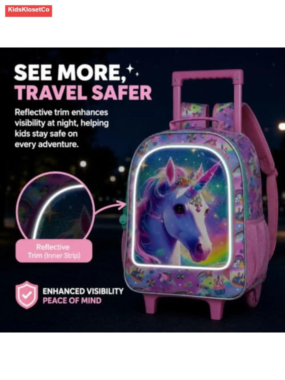 Girls Rolling Backpack with Wheels - Unicorn School Bag